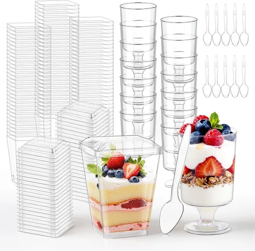 Vista 12 de mwellewm 150 paquetes de mini tazas de postre con cucharas, tazas de postre de plástico transparente de 3oz para postres tipo parfait para fiestas