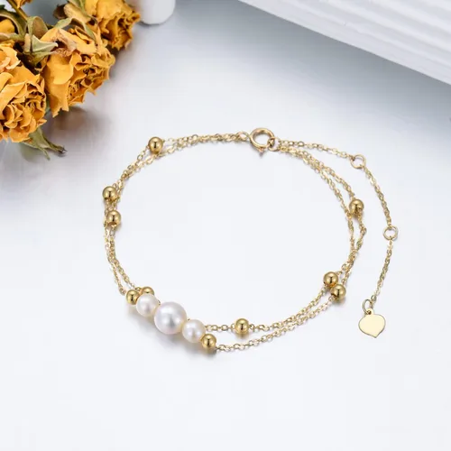 Vista 3 de Pulseras de perlas de oro de 14 quilates para mujer, pulsera de doble cadena de oro macizo con perlas cultivadas de agua dulce, joyería