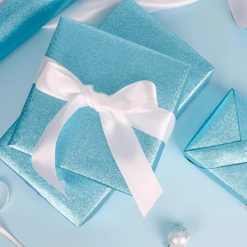 Vista 6 de Homeral Rollo de papel de regalo con purpurina, 46.8 pies cuadrados, azul cielo brillante para Navidad, cumpleaños, bodas, baby shower, despedida