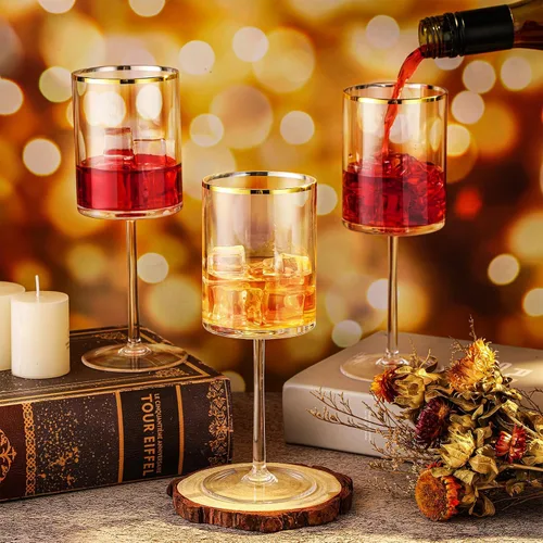 Vista 2 de Yaomiao Paquete de 12 copas de vino desechables de plástico transparente con tallo de 10 onzas, con borde dorado, reutilizables, para bodas