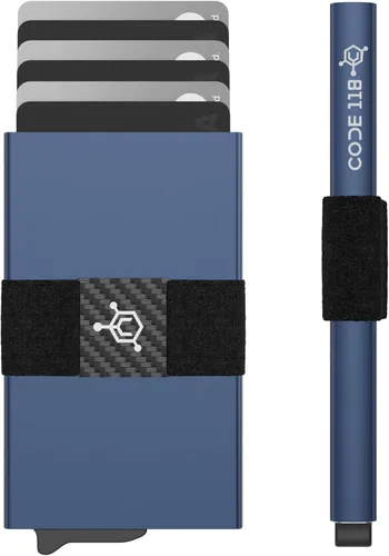 Vista 30 de CODE 118 Billetera – Billetera inteligente automática premium, bloqueo RFID, billetera de metal minimalista emergente para hombres, aluminio de 24K