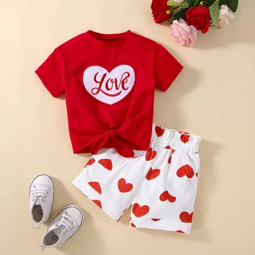 Vista 3 de Juego de camiseta de manga corta de algodón con estampado de San Valentín para el día de San Valentín, para niños y niñas pequeñas