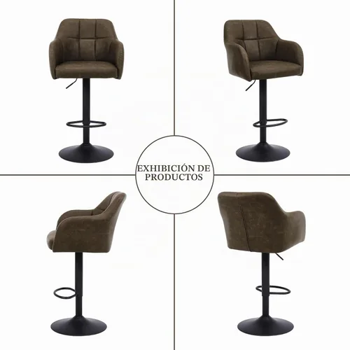 Vista 7 de Moderno juego de 2 taburetes de bar giratorios de piel sintética con apoyabrazos, silla de bar ajustable tapizada con base de metal reposapiés