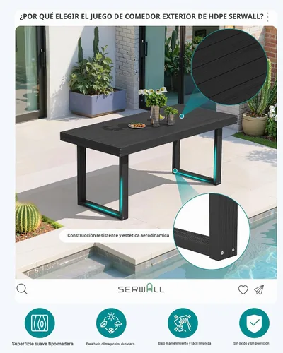 Vista 3 de SERWALL HDPE - Juego de comedor al aire libre para 4, 67 pulgadas, para todo tipo de clima, mesa de comedor y sillas sin brazos para terraza Negro