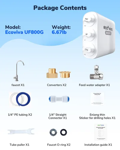Vista 8 de Ecoviva Filtro de agua debajo del fregadero de ultrafiltración de 0.01μm, sistema de filtración de agua sin tanque 800GPD de 4 etapas, diseño