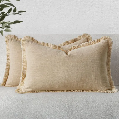 Vista 46 de MIULEE Juego de 2 fundas de almohada decorativas de lino neutro con flecos, fundas de cojín de estilo bohemio con borlas para sofá, cama, sala