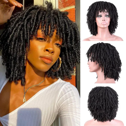 Vista 2 de Pelucas de rastas cortas de 6 pulgadas para mujeres y hombres negros con clips, pelucas sintéticas trenzadas de imitación afro trenzadas, rastas
