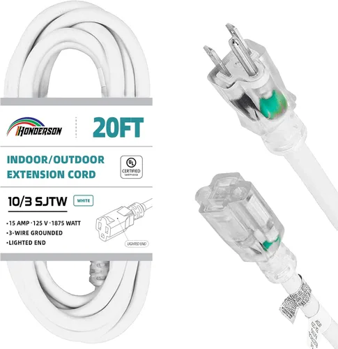 Vista 21 de Cable de extensión resistente a la intemperie con extremo iluminado, certificado UL, calibre 10, 3 pies, color blanco, 3 clavijas, resistente, cable