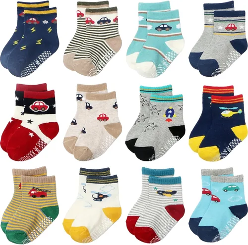 Vista 26 de Calcetines antideslizantes con agarre para tobillos, paquete de 12 unidades para niños pequeños, niños y niñas, lindos calcetines de algodón