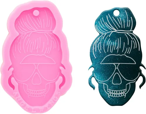Vista 6 de Molde de resina de silicona para mujer, cabeza de calavera súper brillante, para llavero, collar, colgante, joyería, fabricación de moldes de resina