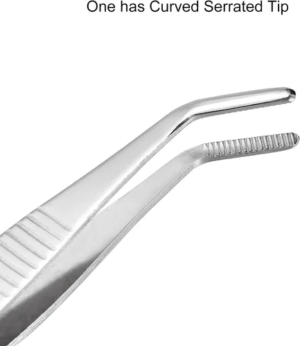 Vista 3 de Pinzas de acero inoxidable de 5 pulgadas con punta dentada recta y curvada, pinzas multiusos para reparación de manualidades, paquete de 2