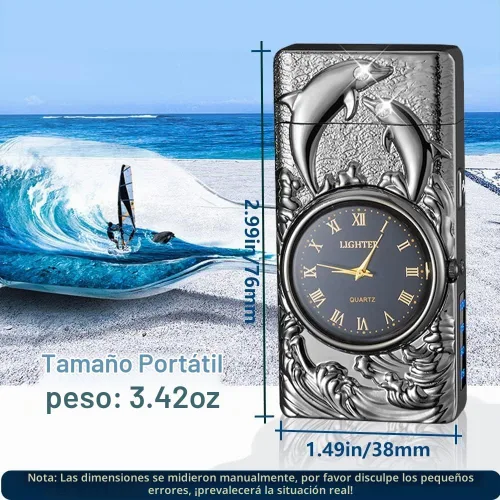 Vista 4 de GADATOP Encendedor eléctrico recargable a prueba de viento, encendedor de plasma con alivio de delfines 3D, reloj integrado con luz LED para uso