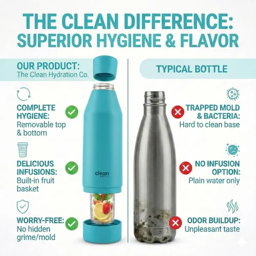 Vista 5 de THE CLEAN HYDRATION Co. Botella de agua aislada con infusor de frutas, botella inferior extraíble de acero inoxidable, aislada al vacío de doble