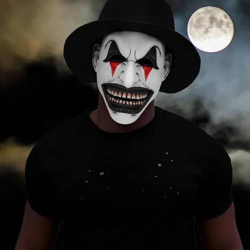 Vista 4 de Máscara de payaso asesino asesino de Halloween con sombrero negro, espeluznante látex cosplay accesorios para adultos