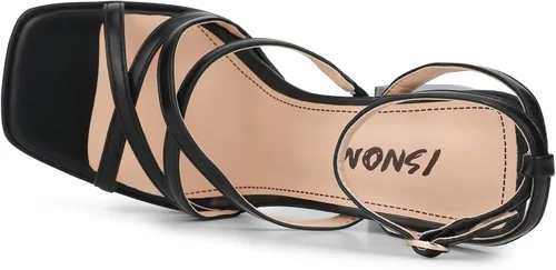 Vista 5 de ISNOM Tacones gruesos de plataforma para mujer, sandalias de tacón de bloque con punta cuadrada abierta y correa de tobillo