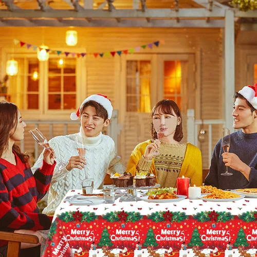 Vista 3 de Paquete de 4 manteles de Navidad para fiesta de Navidad, decoración de fiesta de Navidad, cubierta de mesa de Navidad con árbol de Navidad y copo