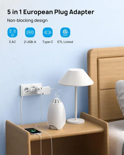 Vista 2 de TROND Adaptador de enchufe de viaje europeo - Convertidor de adaptador de corriente internacional para Europa con 3 tomacorrientes 2 USB, adaptador