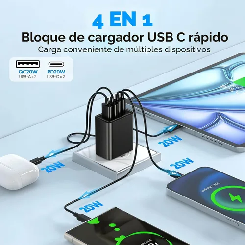 Vista 2 de Paquete de 2 cargadores de pared USB C, bloque de carga rápida de 80W y 4 puertos tipo C, enchufe de pared USBC de múltiples puertos PD20W y QC20W