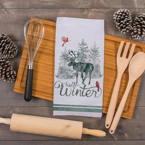 Vista 5 de Seliem Hello Winter - Juego de 2 toallas de cocina con diseño de pinos en acuarela, diseño de reno cardenal, azul y gris, para secar a mano, pájaro