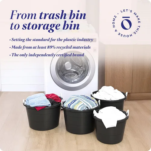 Vista 7 de HOMZ Paquete de 4 cubos utilitarios, cubo grande de plástico con asas de cuerda, 17 galones, color negro, cubos portátiles para interiores