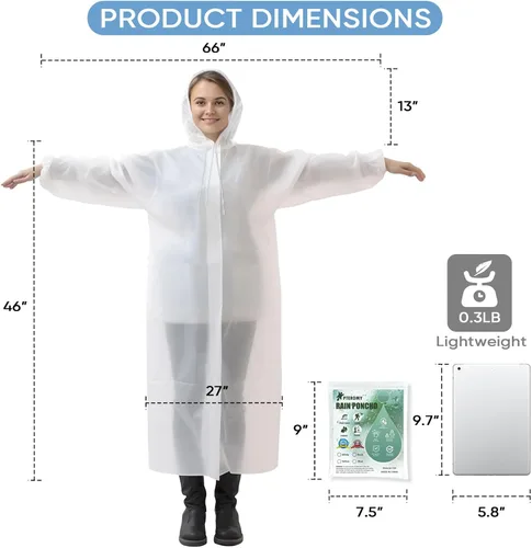 Vista 4 de PTEROMY EVA Rain Poncho, Reusable Rain Ponchos for Adults, Unisex Rain Coat with Hood and Elastic Cuff Sleeves