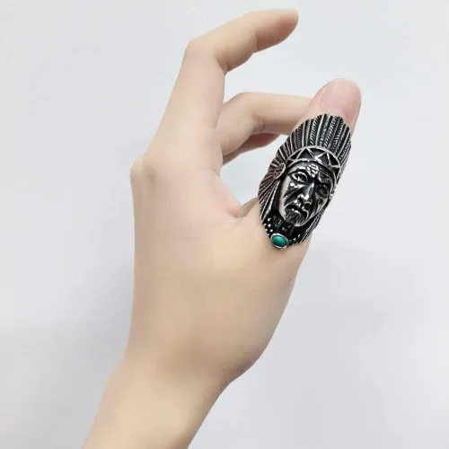 Vista 3 de Anillo de jefe indio para hombres y mujeres, anillos de cabeza indios nativos americanos, banda de acero inoxidable Spirit of The Warrior, punk