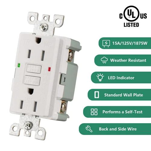 Vista 3 de Wengart GFI - Receptáculo de salida, 1 paquete, enchufes eléctricos de falla de tierra, 125 V, 15 amperios, resistente a la intemperie y a