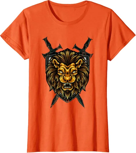 Vista 41 de Camiseta con diseño de caballero medieval renacentista, con diseño de espada de león, Negro, S