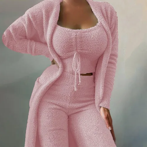 Vista 2 de RMXEi - Traje de pijama de 2 piezas para mujer, estilo casual, color liso, con cordón