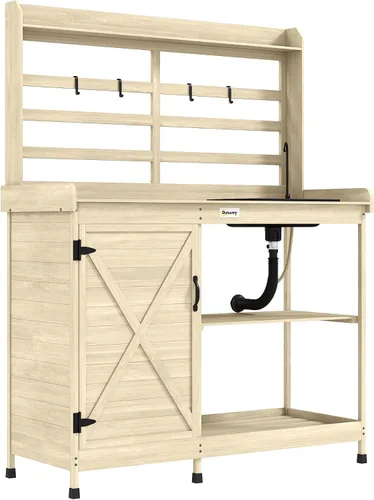 Vista 10 de Outsunny Banco de Jardinería Exterior de Madera con Mesa y Fregadero y Grifo, Estación de Trabajo de Jardín con Gabinete de Almacenamiento, Estantes