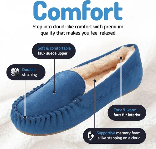 Vista 10 de Floopi Pantuflas para mujer, forro de piel sintética suave con espuma viscoelástica acogedora, pantuflas de casa para mujer con suela antideslizante