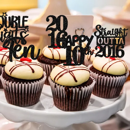 Vista 7 de 30 piezas negras para cupcakes de 10.º cumpleaños con purpurina Ten Happy 10 Straight Outta 2016 para saludos a 10 años 10 cumpleaños, boda Negro