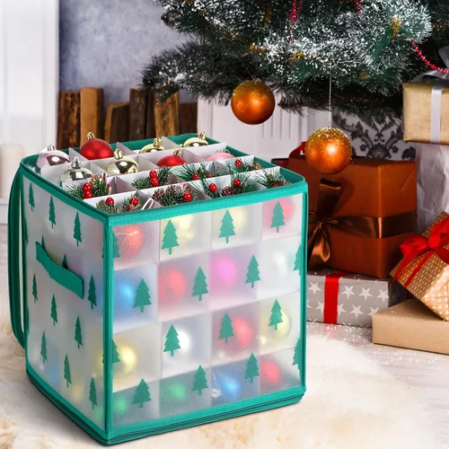 Vista 6 de Saintrygo 4 cajas de almacenamiento de adornos navideños con 64 compartimentos con cremallera, caja de plástico de vinilo para adornos con asas, 12