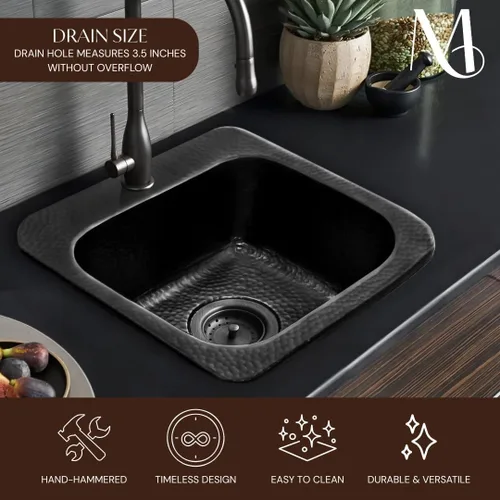 Vista 6 de Monarch Abode Fregadero de cocina y bar – Fregadero de barra pequeño Baxter de 15 pulgadas, fregadero de aluminio negro mate martillado a mano
