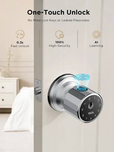 Vista 4 de TCL K1 - Pomo de puerta inteligente de huellas dactilares, entrada biométrica sin llave de 0.3s, acceso 4 en 1 con control de aplicación