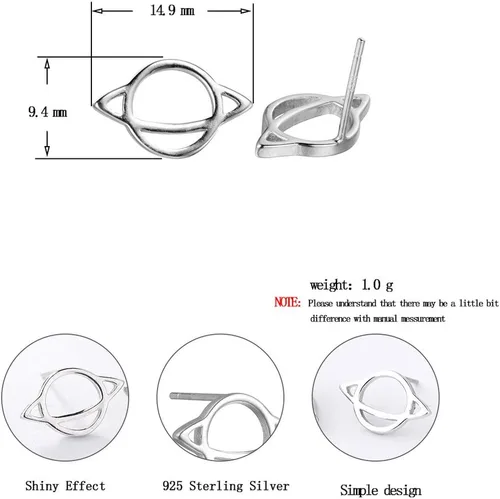 Vista 2 de Pendientes de tuerca únicos de plata de ley 925 con dije de Saturno para mujeres y niñas, Plata de ley Zinc Cobre