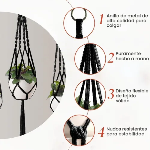 Vista 2 de Feedee Ganchos de macramé para plantas, paquete de 6, color negro, interior/exterior, algodón