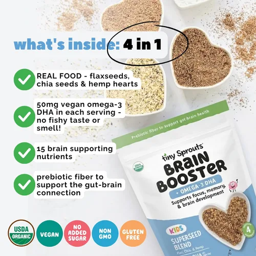 Vista 4 de Superseed Chía, Linaza y Corazones de Cáñamo Molidos Orgánicos Potenciador Cerebral con Omega-3 DHA Vegano, Fibra Prebiótica, Proteína, Semillas Sin