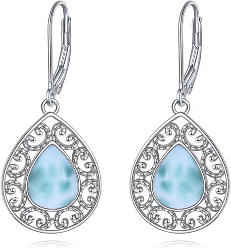 Vista 33 de Aretes colgantes con forma de lágrima de filigrana de piedra lunar de plata de ley 925 con cierre de palanca para mujer, regalos de joyería