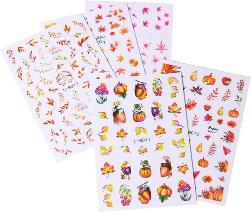 Vista 5 de Calcomanías de arte de uñas de hoja de arce de otoño, hojas de otoño 3D, diseño de calabaza y hongos para uñas, decoración de calcomanías
