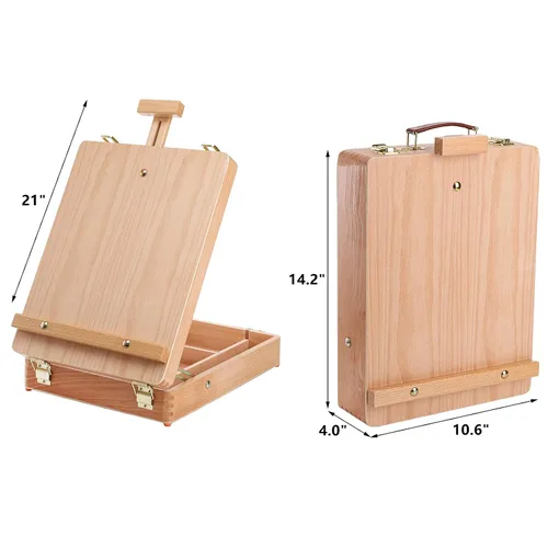 Vista 2 de DEAYOU Caja de almacenamiento de caballete de mesa de madera, caja de bocetos portátil de madera de haya para pintar, funda de caballete de madera