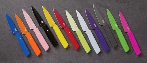 Vista 6 de Kuhn Rikon COLORI Cuchillo de pelar recto y dentado con funda de seguridad, hoja de 4 pulgadas, juego de 2, verde y amarillo