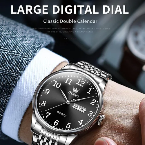 Vista 2 de OLEVS Classic Wrist Watch for Men Water Rain Resistance Mens Watches Black Dress Watches for Men Stainless Steel Leather Quartz Casual Wristwatches