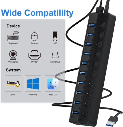 Vista 3 de ONFINIO Hub USB 3.0, concentrador divisor USB de 10 puertos Azul claro