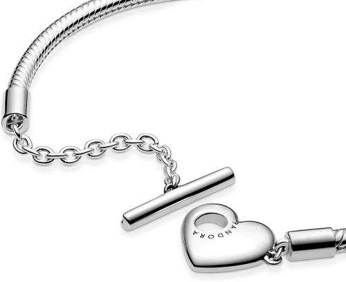 Vista 4 de PANDORA Moments Heart T-Bar - Pulsera de cadena de serpiente, Metal, Sin gemas.