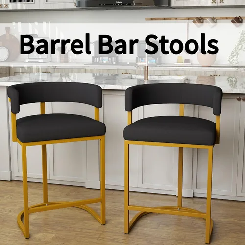 Vista 5 de Modern Barrel - Juego de 2 taburetes de bar de terciopelo de 24 pulgadas con respaldo y brazos cómodos, silla de isla de cocina tapizada de sherpa