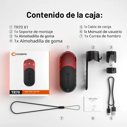 Vista 9 de CooSpo TR70 Luz Trasera de Radar para Bicicleta, Alertas para Vehículos a 140M, Destacado de Frenado Automático, 7 Modos de Iluminación, Batería