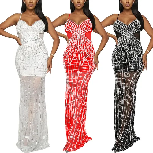Vista 4 de PORRCEY - Vestido sexy con diamantes de imitación para mujer, vestido de noche para fiesta y club