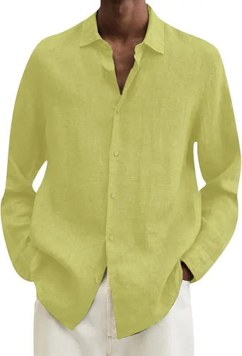 Vista 8 de EFOFEI Camisa de algodón y lino con botones para hombre, camisas casuales de manga larga, con solapa, color sólido