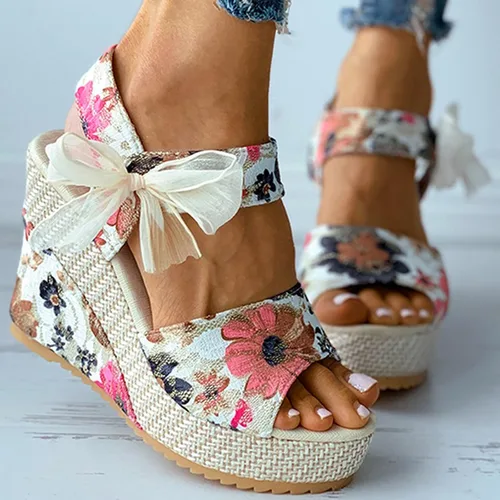 Vista 3 de AIHOU Sandalias para mujer, sandalias de plataforma con diseño de flor, pescado, boca de cuña, sandalias casuales con tiras al tobillo para verano